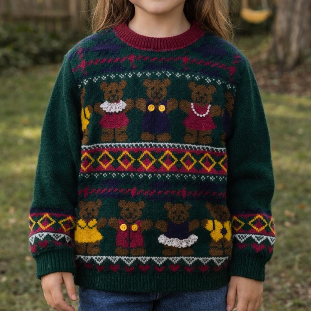 Vintage 90’s Jet Set Girls Green 3D Beas Buttons Sweater